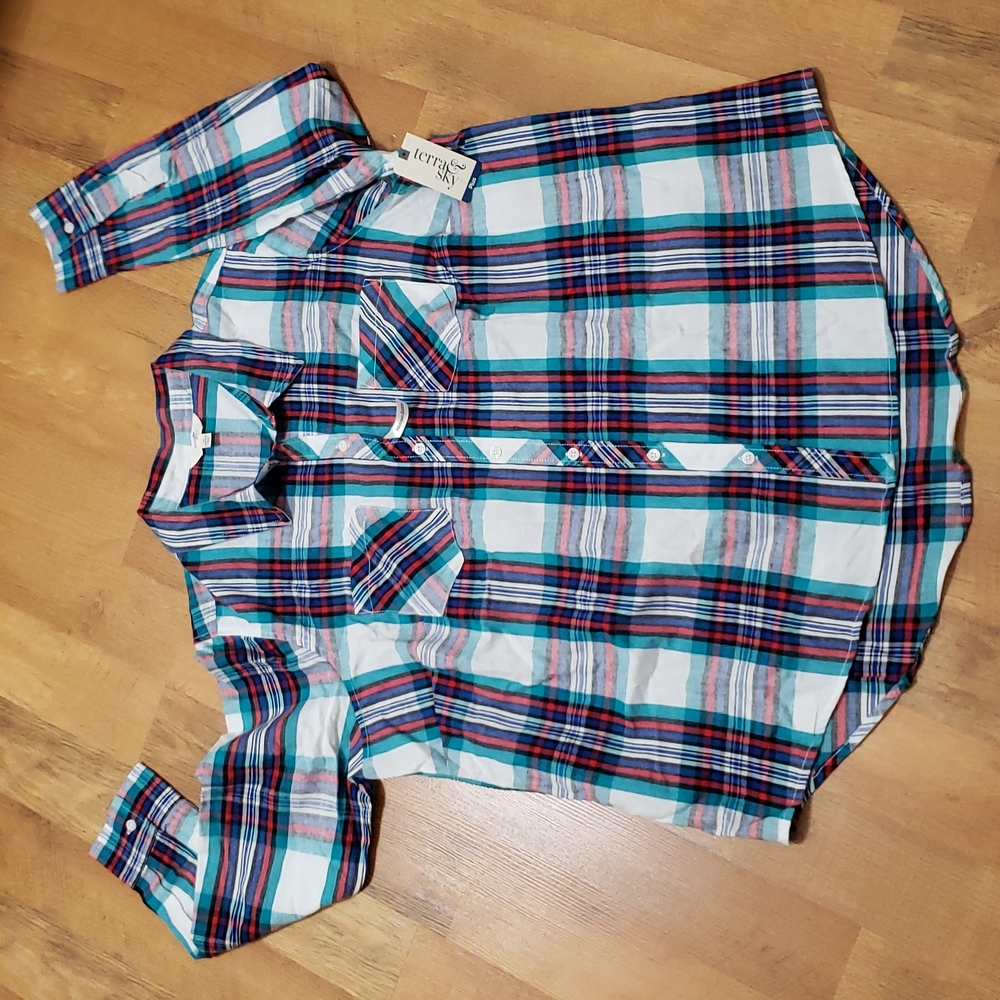 Terra & Sky - Winter White Plaid Flannel Shirt (Womens Plus 16W-18W) - Picture 8 of 12
